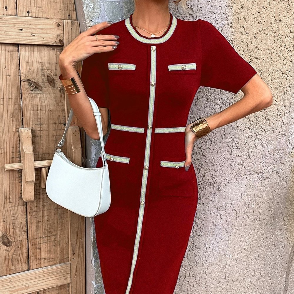 Red Preppy womens Knit Mix Contrast Trim Button Detail Bodycon Sweater Dress - Picture 4 of 5